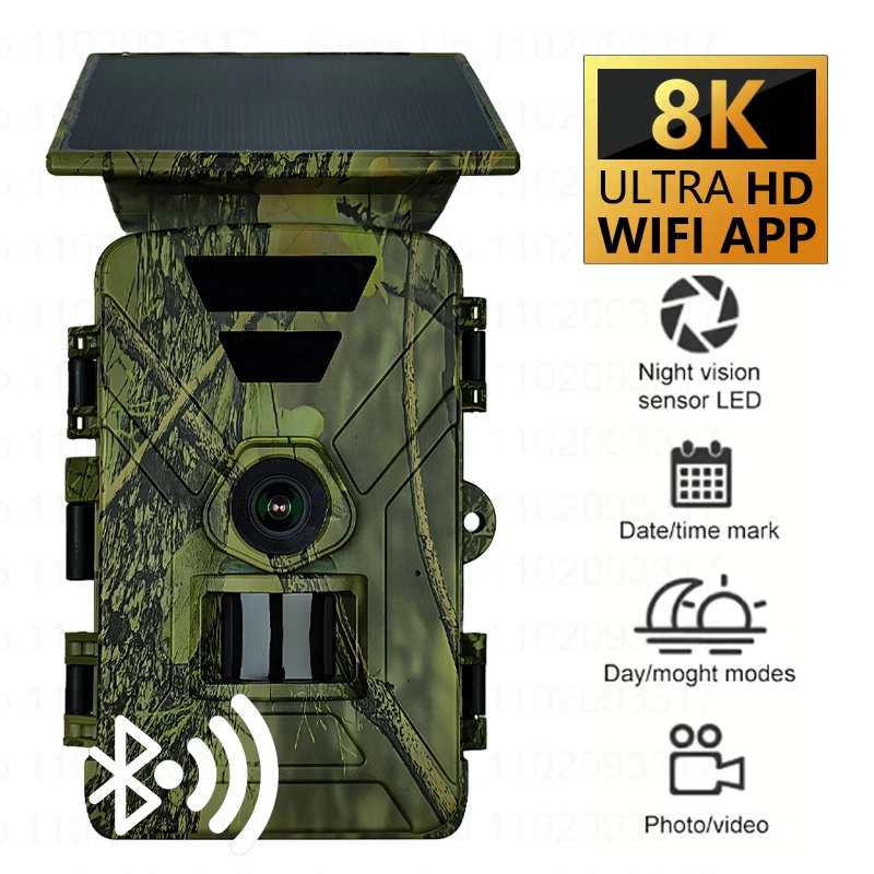 Solar Panel Trail Camera 60MP8K Bluetooth Infrared Trigger Night Vision Outdoor Forest Hunting Camera Wildlife Monitoring PR903W