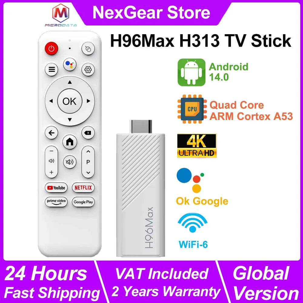 2025 H96Max H313 TV Stick 4K, Android TV 14, WiFi 6 Portable Streaming Media, Quad Core ARM Cortex A53, Netflix Smart TV Dongle