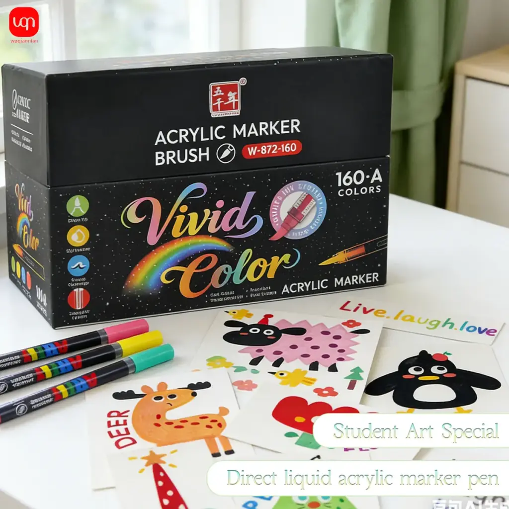 WQN-160 Colored Liquid Acrylic Marker Set, Professional Soft Brush Tip Pen, Art Supplies, Back-to-School Stationery