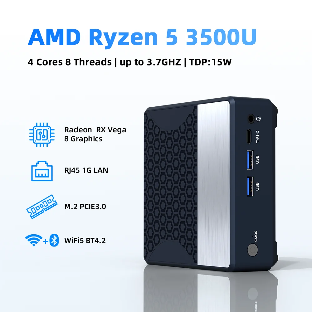 ZXIPC Mini PC AMD Ryzen 5 3500U 16GB DDR4 500GB SSD NVME Wifi5 BT4.2 Windows 11 Triple Display Desktop DIY Gamer Computer