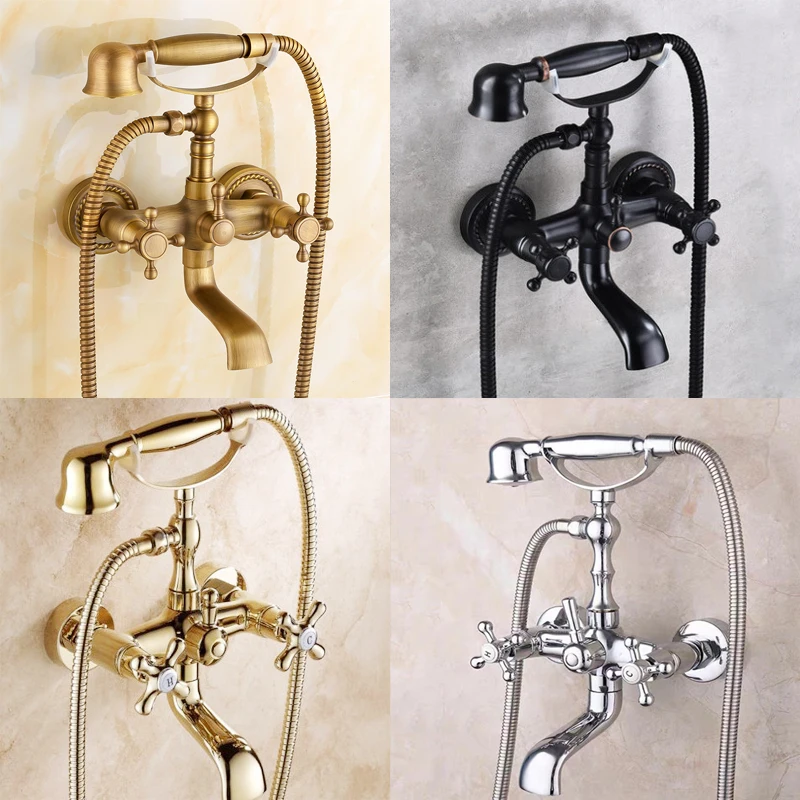 Antique Bathroom Bathtub Showet Faucet Copper Black Shower Faucet Shower Set Gold Wall Mounted 2 Handles Shower Taps
