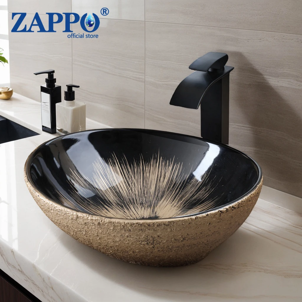 KEMAIDI Artistic Oval Ceramic Vessel Sink Set, Black Gold Burst Pattern Basin Faucet Luxury Bathroom Above-Counter Vanity Combo