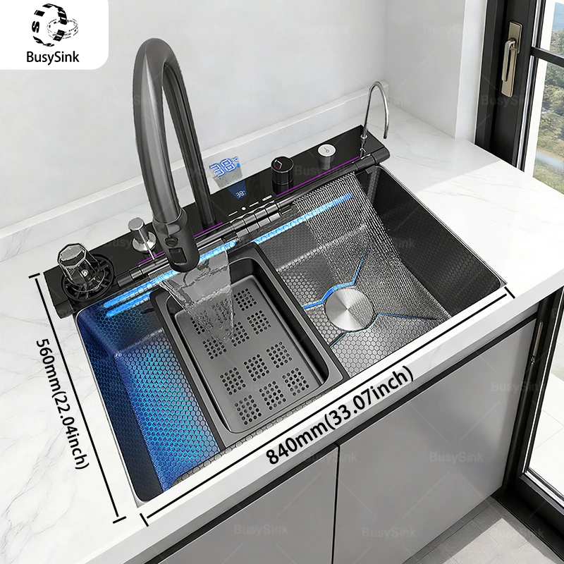 MultiFunction Waterfall Wash Vegetables Basin Stainless Steel Large Single Slot With Smart Digital Display Faucet Kitchen Sink