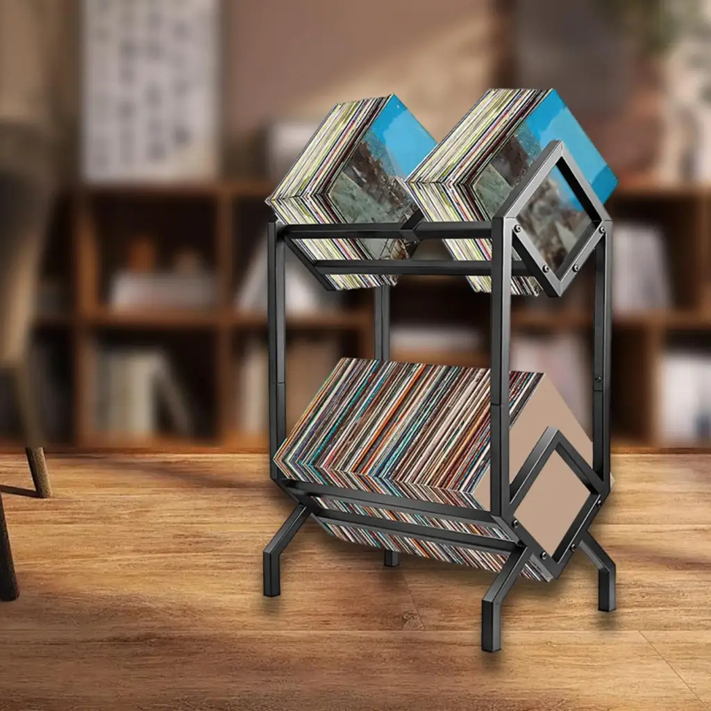 Vinyl Record Display Stand Multiuse Easy to Assembly Double Layer Floor Standing CD Rack for Commercial Bedroom Living Room Shop