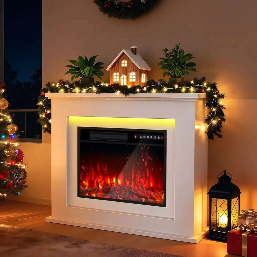 Electric Fireplace with Surround LED 3D-Flame Timer 12Color Light Remote Control