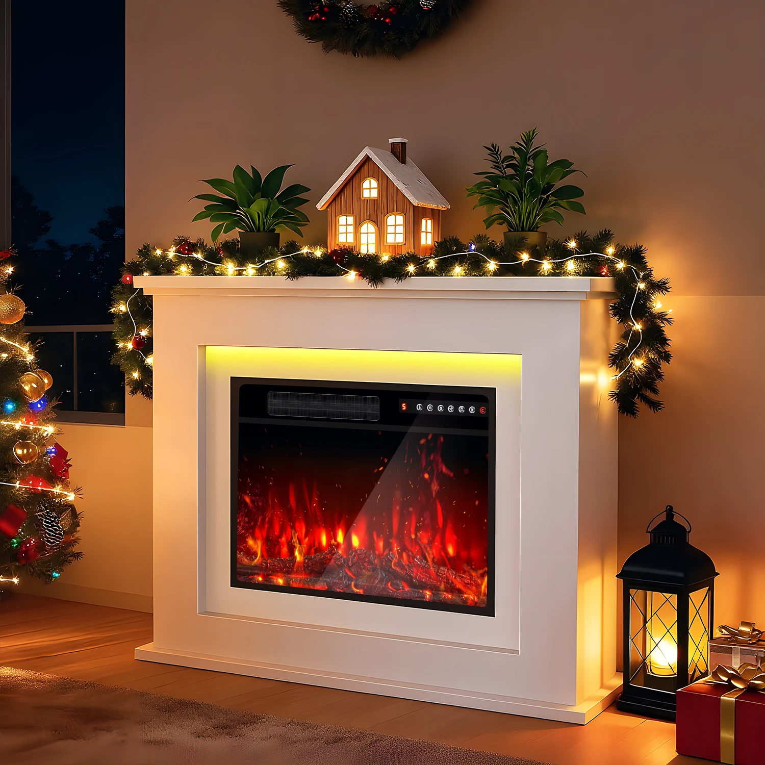 Electric Fireplace with Surround LED 3D-Flame Timer 12Color Light Remote Control
