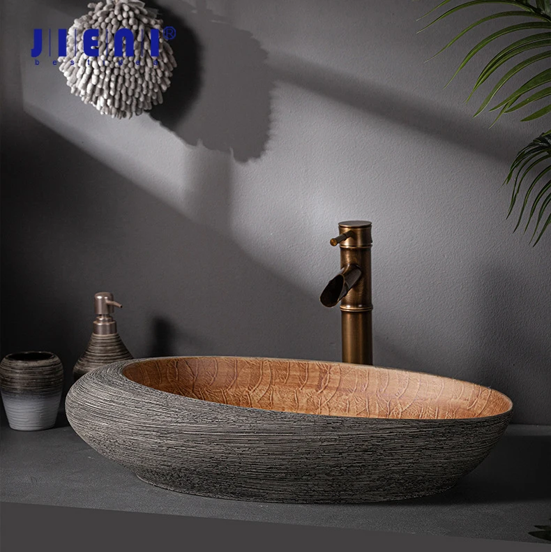 JIENI Art Ceramic Bathroom Sink Set Oval Washbasin Antique Brass Bamboo Faucet Pop Up Drain Combo High End Porcelain Sinks