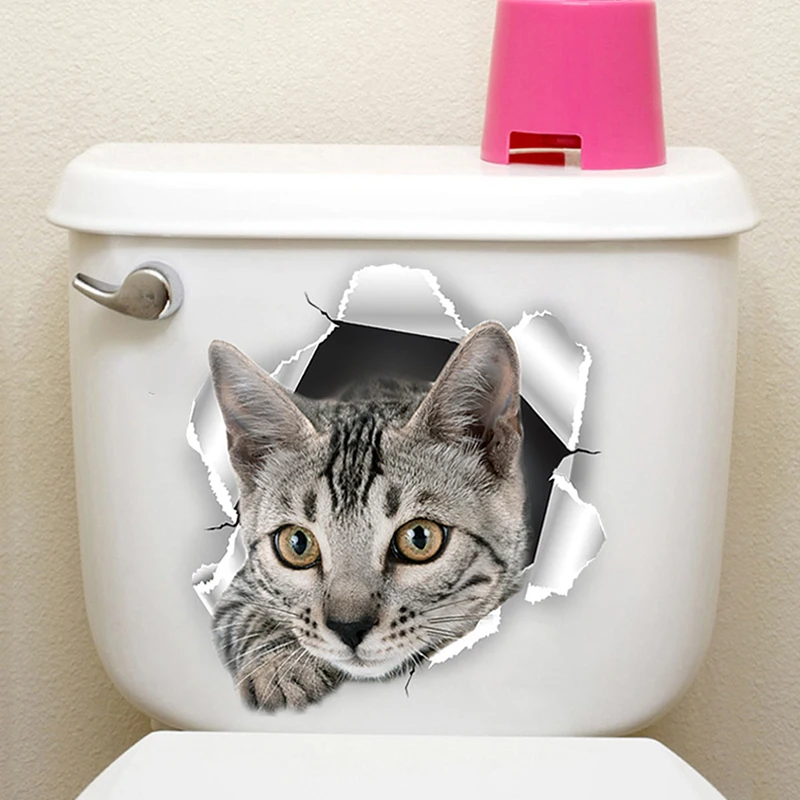 1PC Funny 3D Kitten Toilet Seat Stickers Decals Waterproof Peel & Stick Restroom Animal Decals Decor For Bathroom Washroom