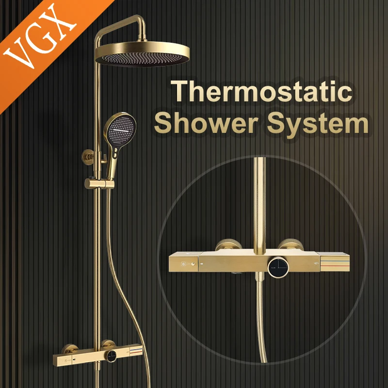 VGX Thermostatic Shower System Set Gold Shower Set Luxury Bathroom Shower Faucet Set Brass Rainfall Bathroom Shower Set Grey