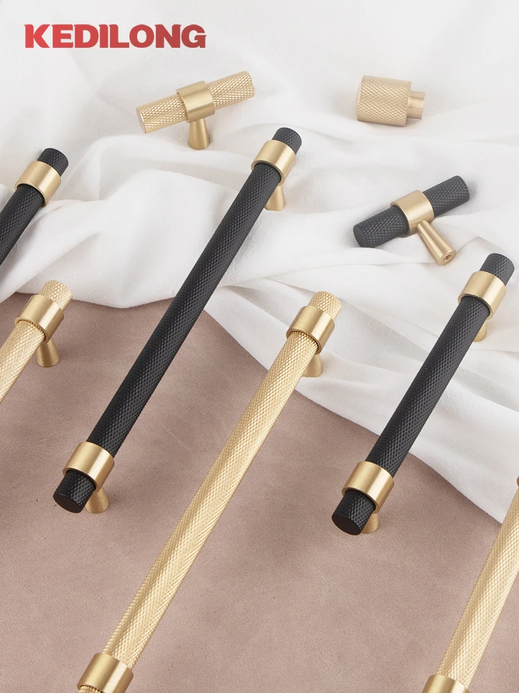 KEDLO Solid Brass Knurled Furniture Handles Modern 500mm Copper Pulls Kitchen Cabinets Black Gold Contrast Handle