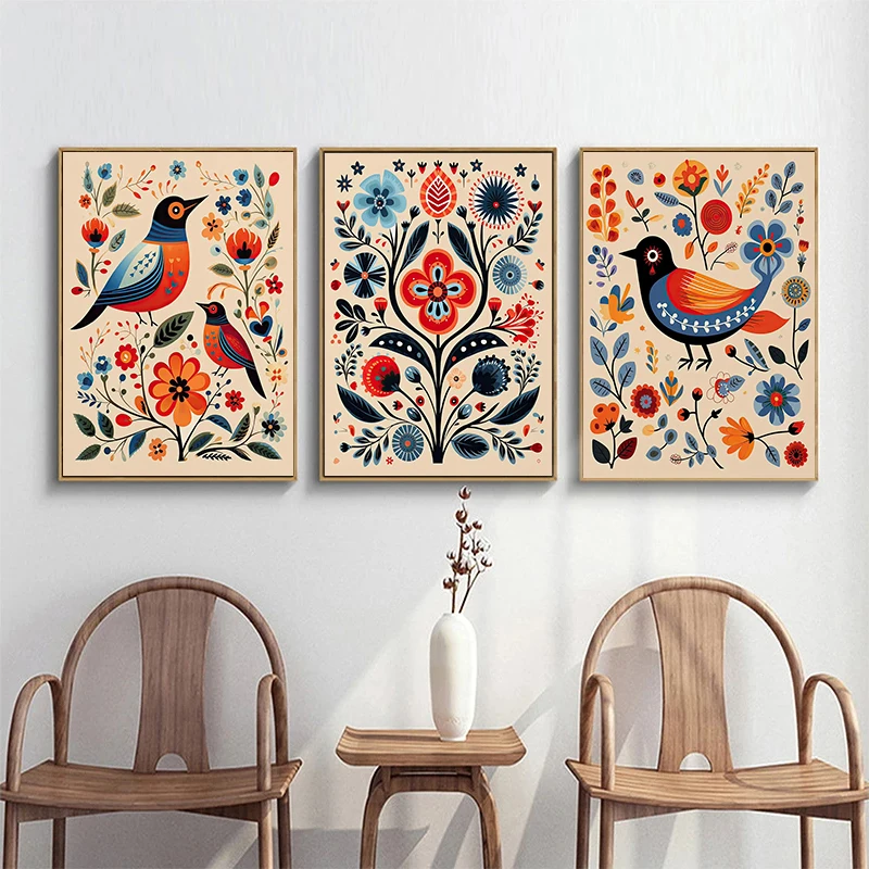 Norwegian Folk Art Floral Bird Poster Nordic Print Abstract Canvas Painting Scandinavian Wall Art Picture Living Room Home Decor