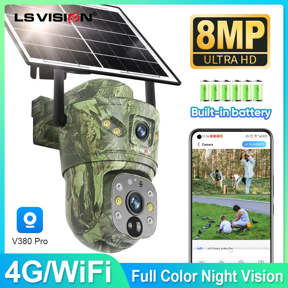 LS VISION Dual Lens WIFI Wireless PTZ Solar Camera 4G SIM With Solar Panel Two Way Audio Outdoor Hunting Trail Wildlife Forest