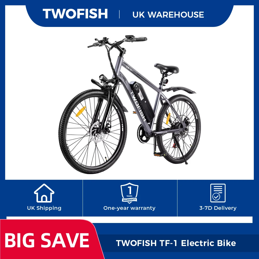 TWOFISH TF-1 Electric Bike, 250W 36V 15Ah Battery, 26" Tires, 25km/h Max Speed, 100km Max Range, Disc Brakes, Front Suspension