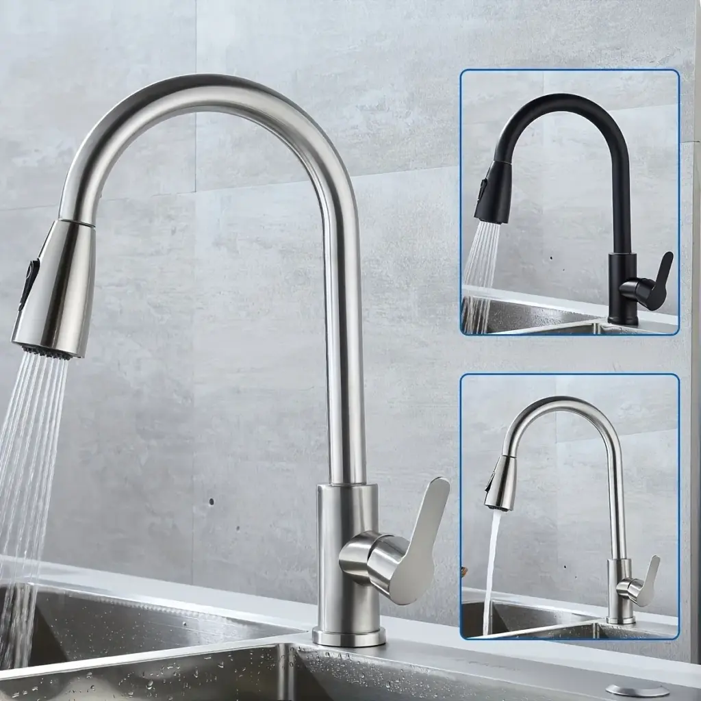 Stainless steel pull-down kitchen faucet, single-hole installation, ceramic valve core, G1/2 Asian standard inlet.