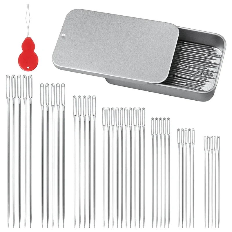 40 PCS Large Eye Beading Needles 7 Sizes Sewing Sharp Leather Needle Embroidery Thread with Threaders for Handsewing Art Crafts