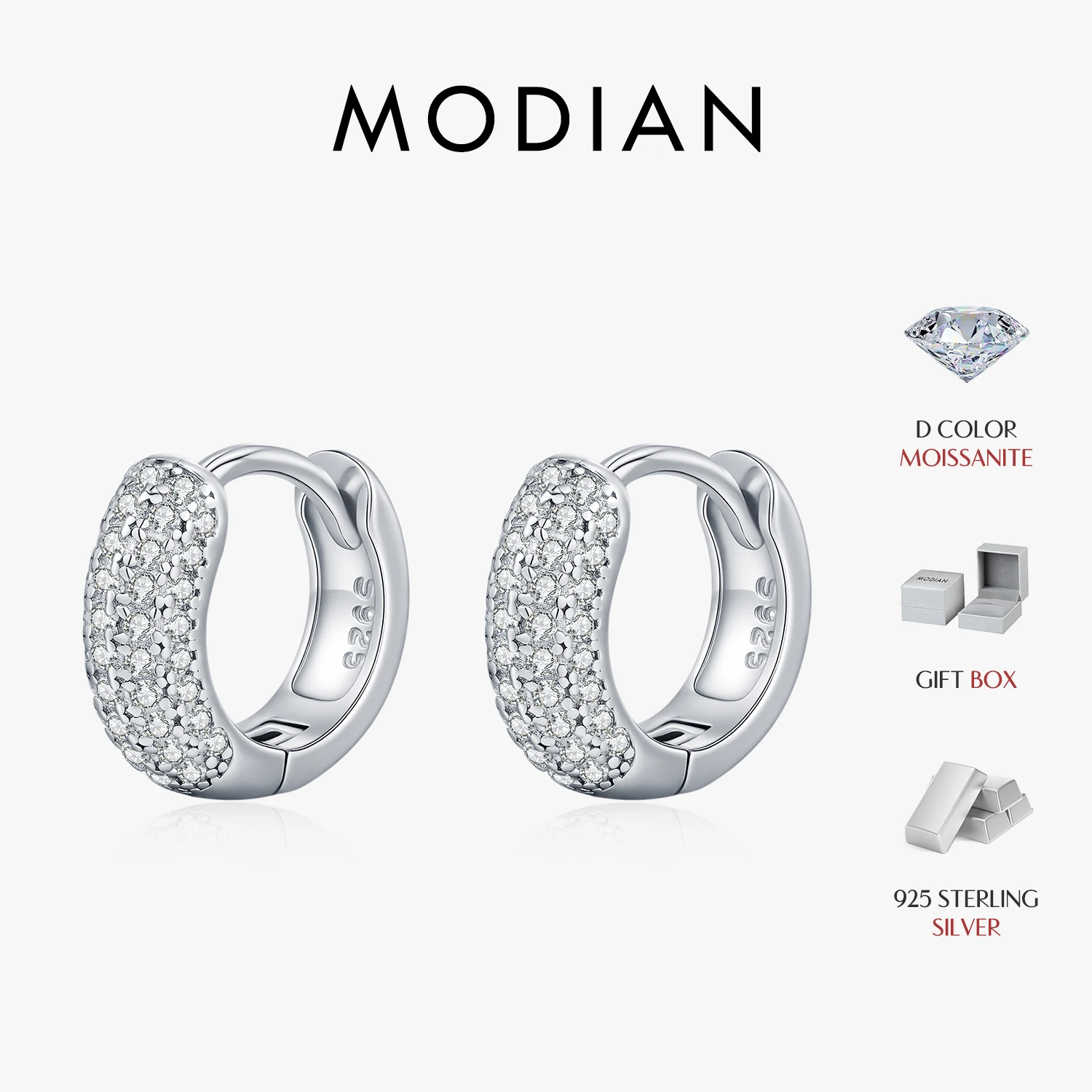 MODIAN D Color Sparkling Moissanite Ear Buckle 925 Sterling Silver Luxury Circle Hoop Earrings For Women Wedding Fine Jewelry