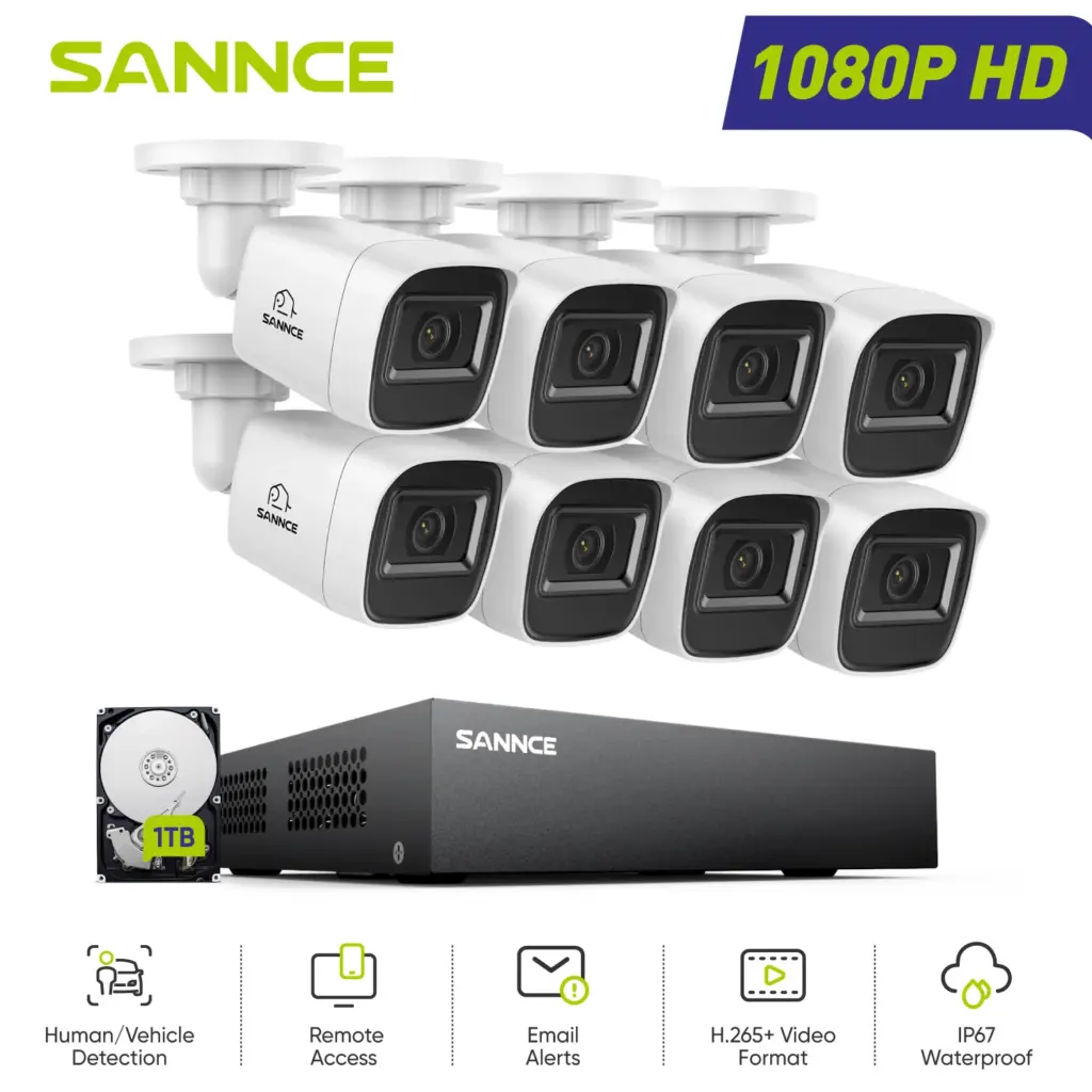 SANNCE 8CH 1080P Security Camera System DVR IP66 CCTV Cameras with IR 100ft Night Vision LEDs Home Surveillance System