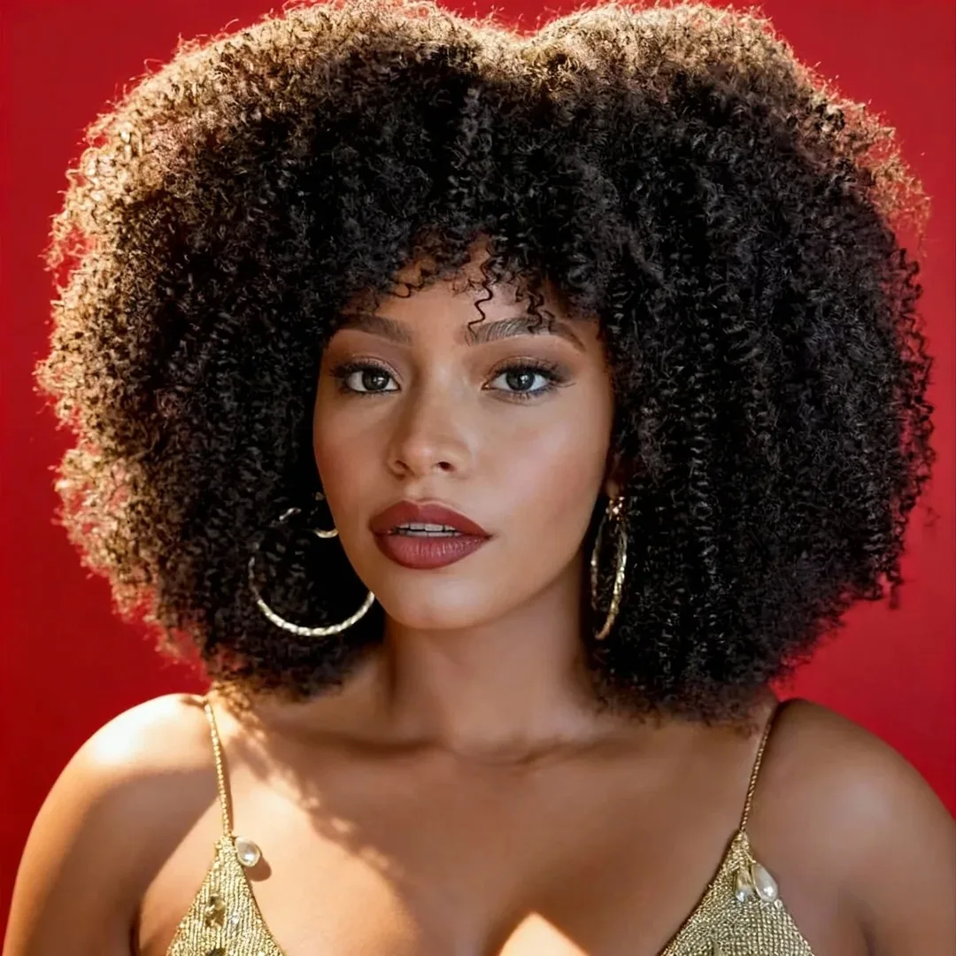 Short Bob Afro Kinky Curly Human Hair Wigs with Bangs Glueless 300% Density Brazilian Remy Hair Natural Black Machine Made Wig