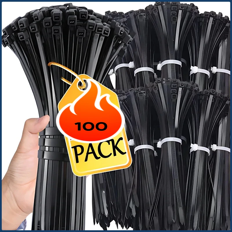 100 PCS Self-locking Plastic Nylon Tie Black Fastening Strap Cable-Tie-Set Cable Zip Tie Fastening Ring Zip Wraps Strap Tie