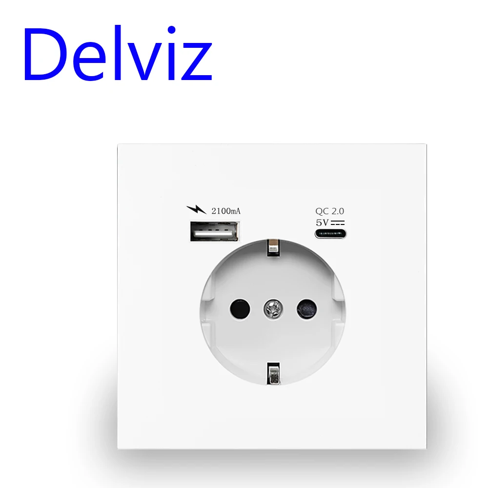 Delviz EU Standard Power Socket, AC 110V-250V, No Logo, 16A Wall Embedded Electric plug Outlet, Type C Charging Wall USB Socket