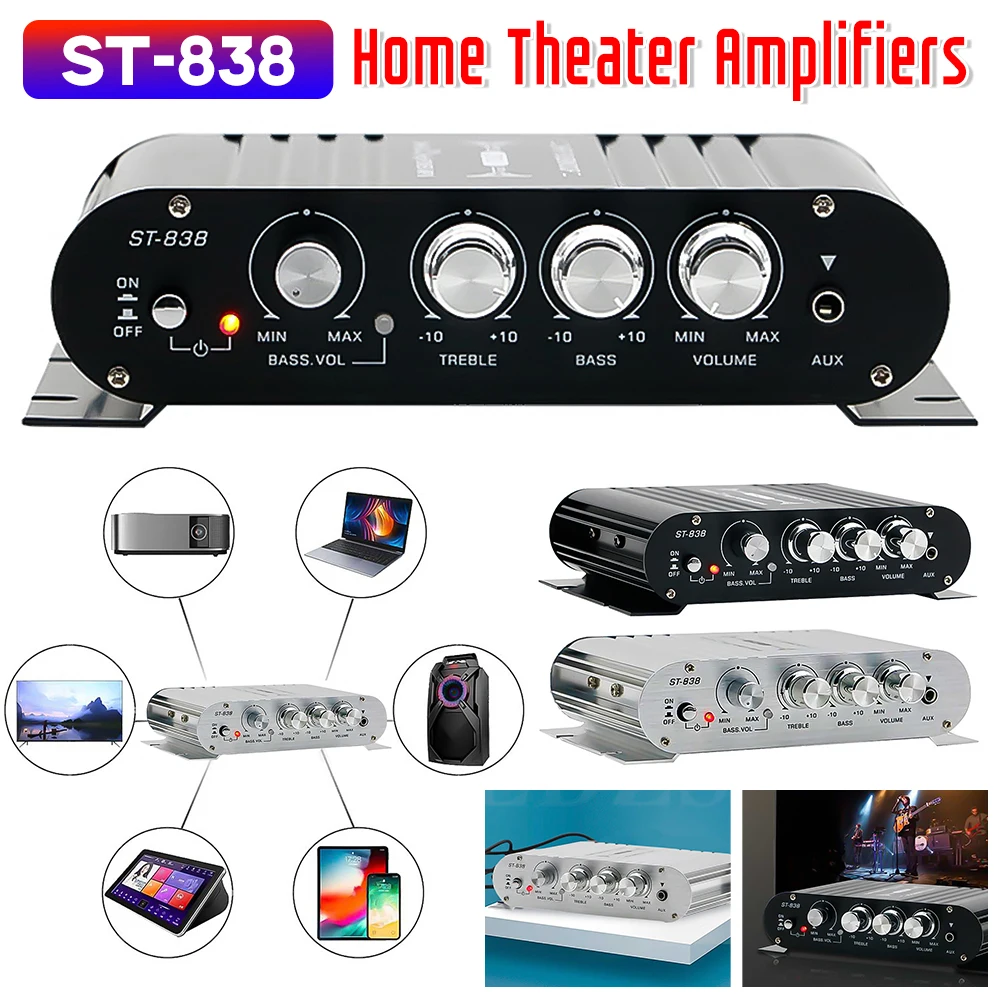 ST-838 Home Theater Amplifiers HiFi 2.1 Channel Power Amplifier Stereo Bass Sound Car Home Amp Media Player Subwoofer Amplifier