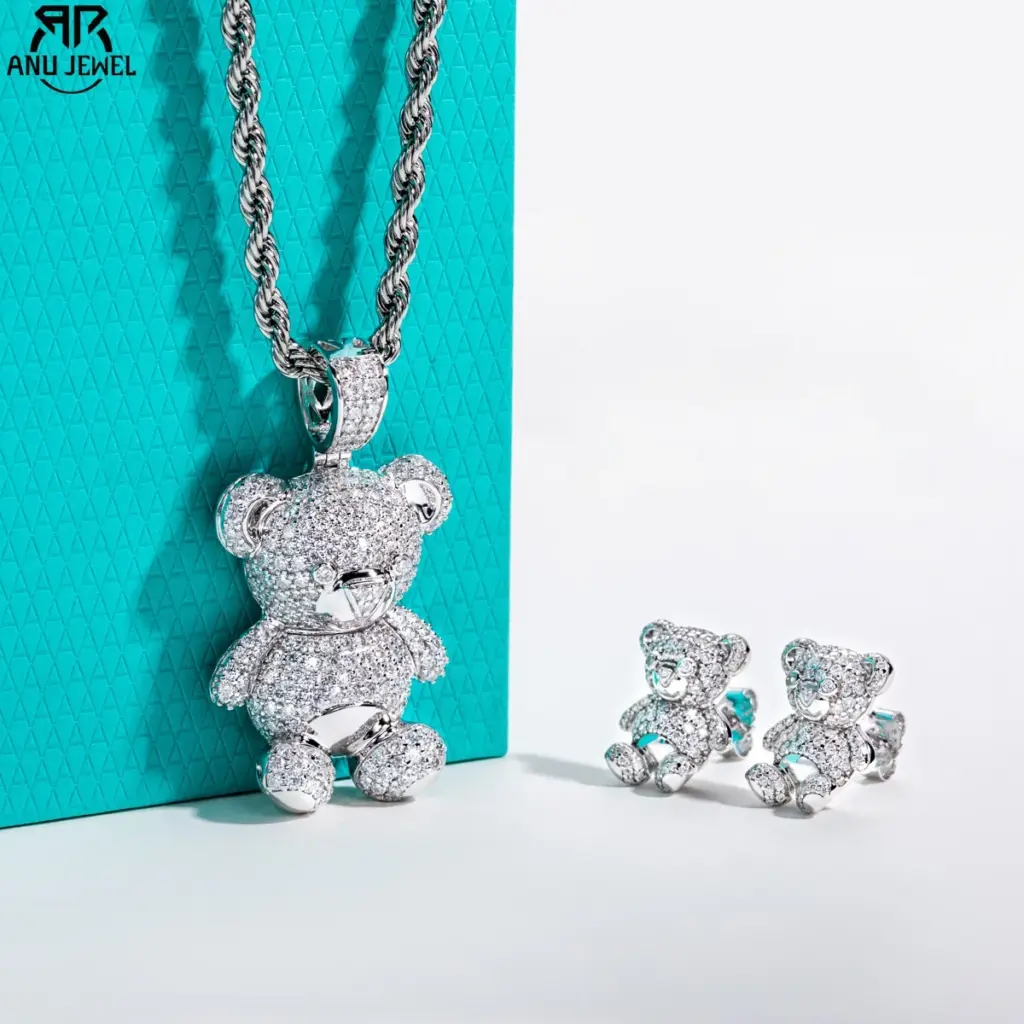AnuJewel Moissanite Bear Pendant Necklace 925 Sterling Silver Iced Out Stud Earring New Age Hip Hop Jewelry Set for Women