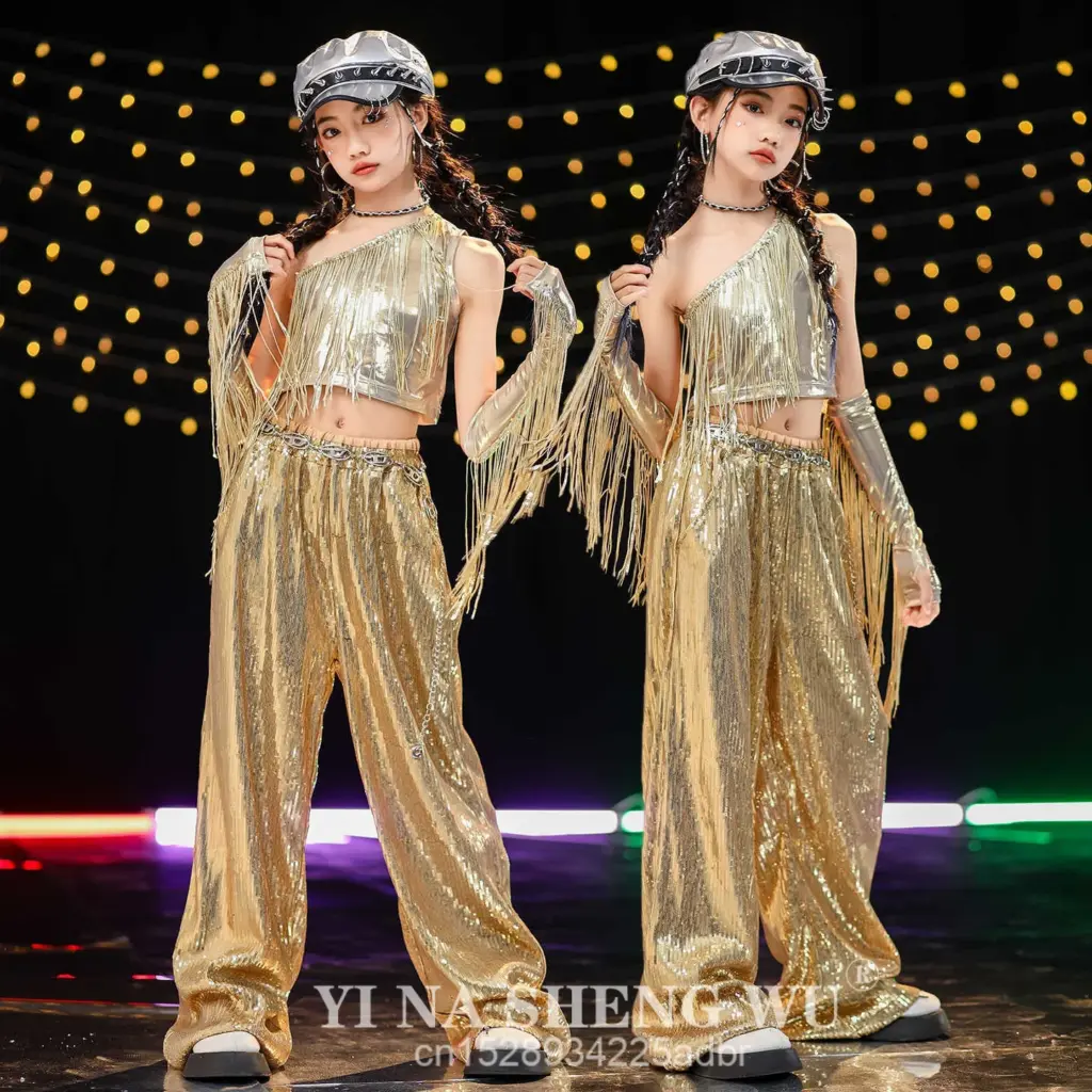Girls Hip Hop Sequin Shiny Crop Tassels Golden Cargo Pants Woman K-pop Jazz Clothes Sets Teenager Girl Group Streetwear Costumes