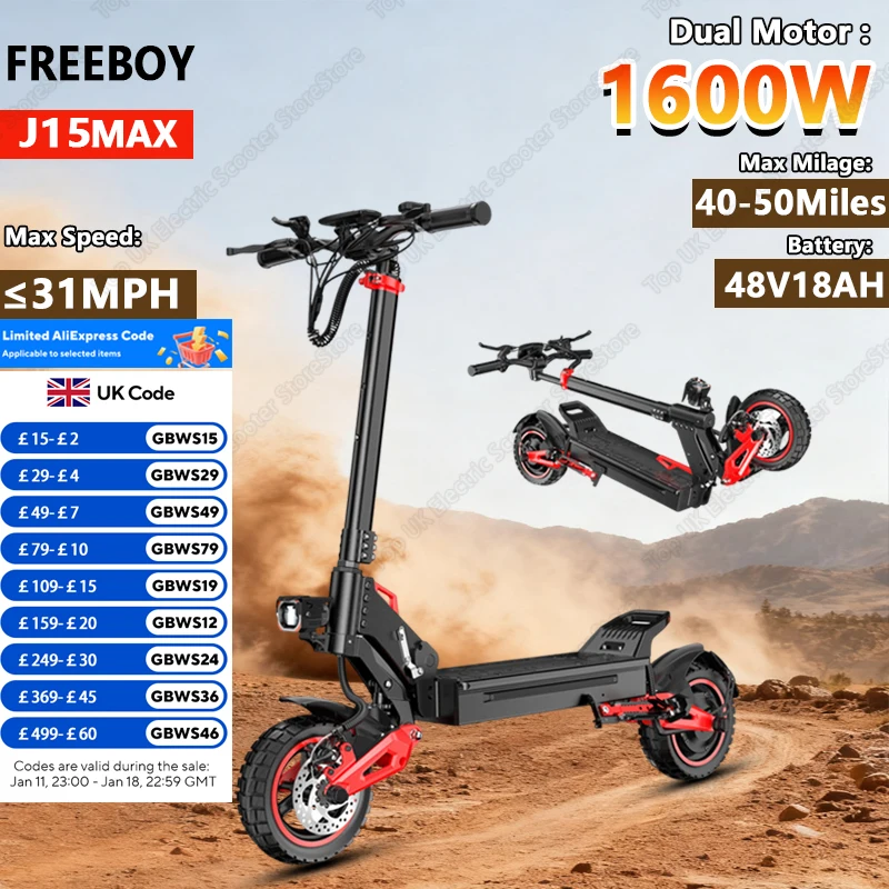 FREEBOY J15 Max Electric Scooter 1600W Motor 48V18AH Battery Off Road E-Scooter 11 Inch OFF-Road Wheels Tire Foldable Escooter
