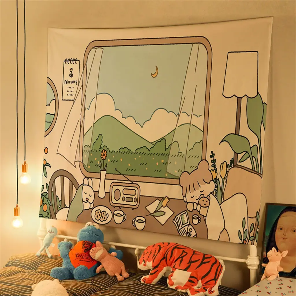 Cute Beach Day Friends Tapestry - Kawaii Summer Wall Decor for Dorm & Kids' Bedroom with Watermelon & Ocean Scene