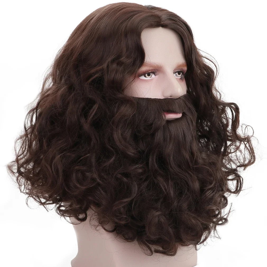 Man Hair Accessory Brown Jesus Wig and Beard Set-Adult Curly Heat Resist Cosplay Costume Party Halloween Christmas
