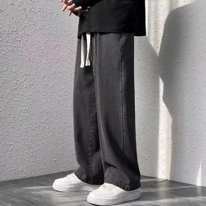Dragging Streetwear Loose Jeans Men Korean Style Fashion Loose Straight Wide Leg Pant Men's Brand Clothing Black Light Blue Grey