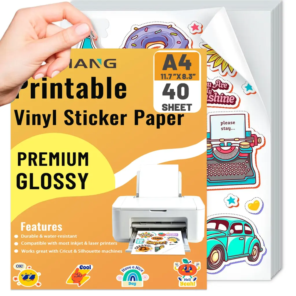 40 Sheets A4(8.3 x 11.7) Size Printable Vinyl Sticker Paper for Inkjet Printer and Laser White Glossy Sticker Paper Waterproof