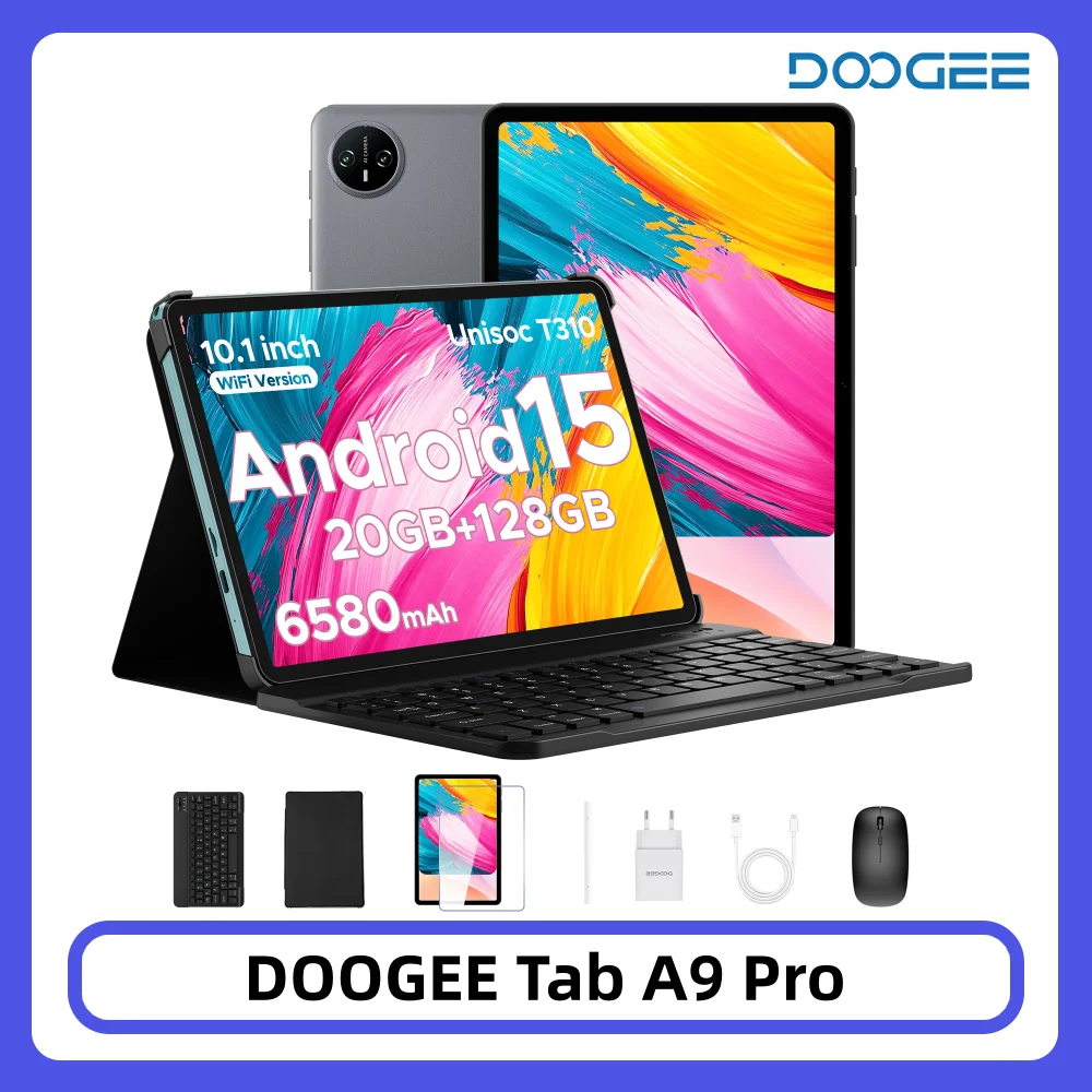 DOOGEE Tab A9 Pro Tablet 10.1" HD Display Android 15 20GB RAM 128GB ROM 6580mAh Large Battery Dual Speakers 8MP+5MP Pad PC