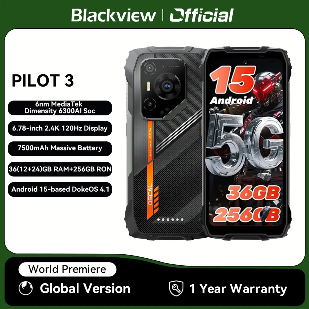 Blackview OSCAL PILOT 3 5G mobile phones AI Rugged Smartphone MTK 6300, 6.78" 2.4K Display 120Hz, 12GB 256GB, 7500Amh Phones