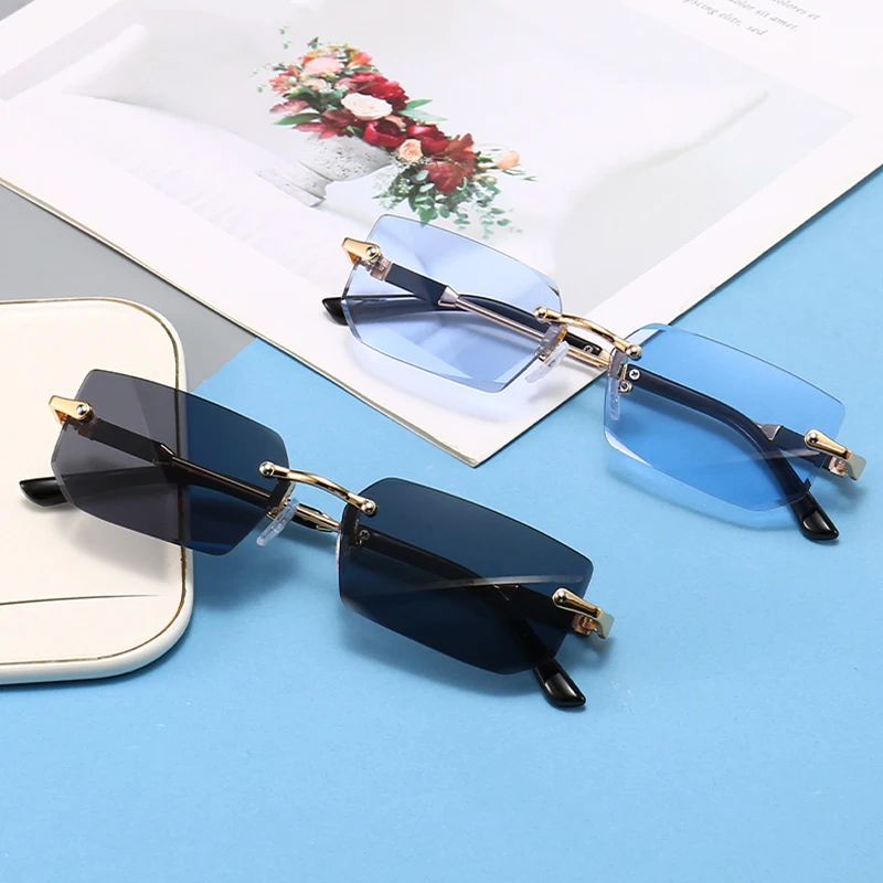 Fashion Rimless Rectangle Sunglasses Popular Women Men Shades Small Square Sun Glasses For Female Male Summer Traveling