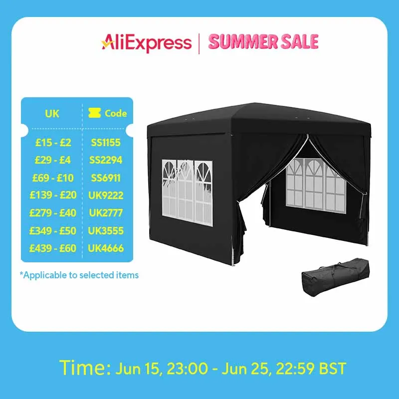 Outsunny 3 x 3(m) Pop Up Gazebo, Water and UV Resistant Party Tent Camping Canopy Marquee with Carry Bag, Black