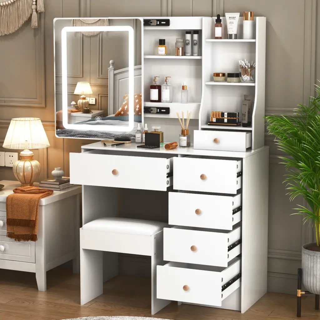 Modern LED Lighted Vanity Dressing Table Set with Mirror 3 Color Dimmable Touch Control Storage Stool Makeup Desk for Bedroom