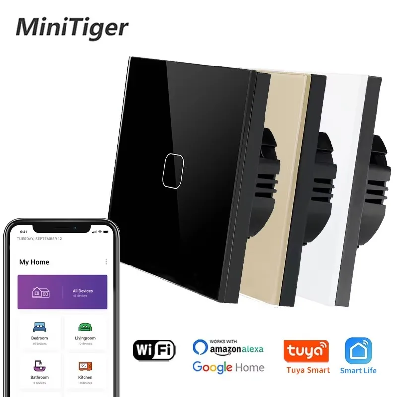 Minitiger 4 Colors Crystal Glass Panel EU/UK Standard 1/2/3 Gang WIFI Touch Switch Tuya App Control Light Wireless Wall Switch