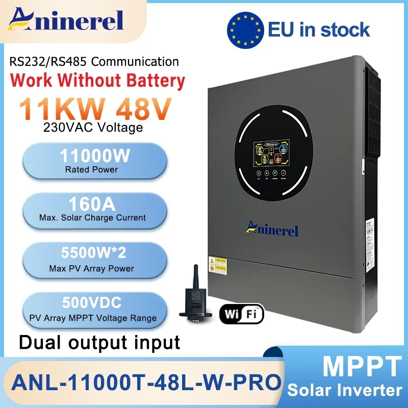 Aninerel 11KW 6.2 KW48V Hybrid Solar Inverter Dual Output Dual input Solar controller Color LCD Display MPPT 160A 120A PV 500VDC