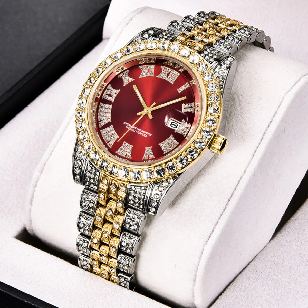 Men's Fashion Full Diamond Roman Scale Large Dial Quartz Watch