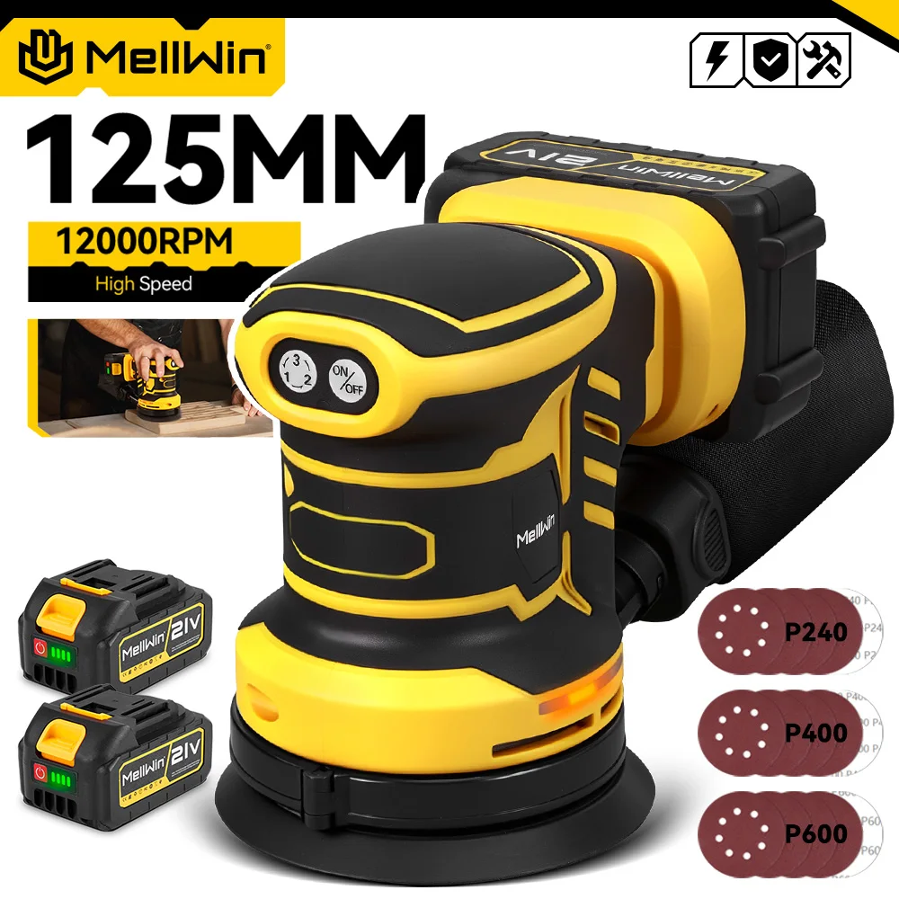 MELLWIN 5 Inch Cordless Electric Orbital Sander With Dust Box 3 Speeds Wood Sanding Polishing Machine For Makita 18V Battery Pin