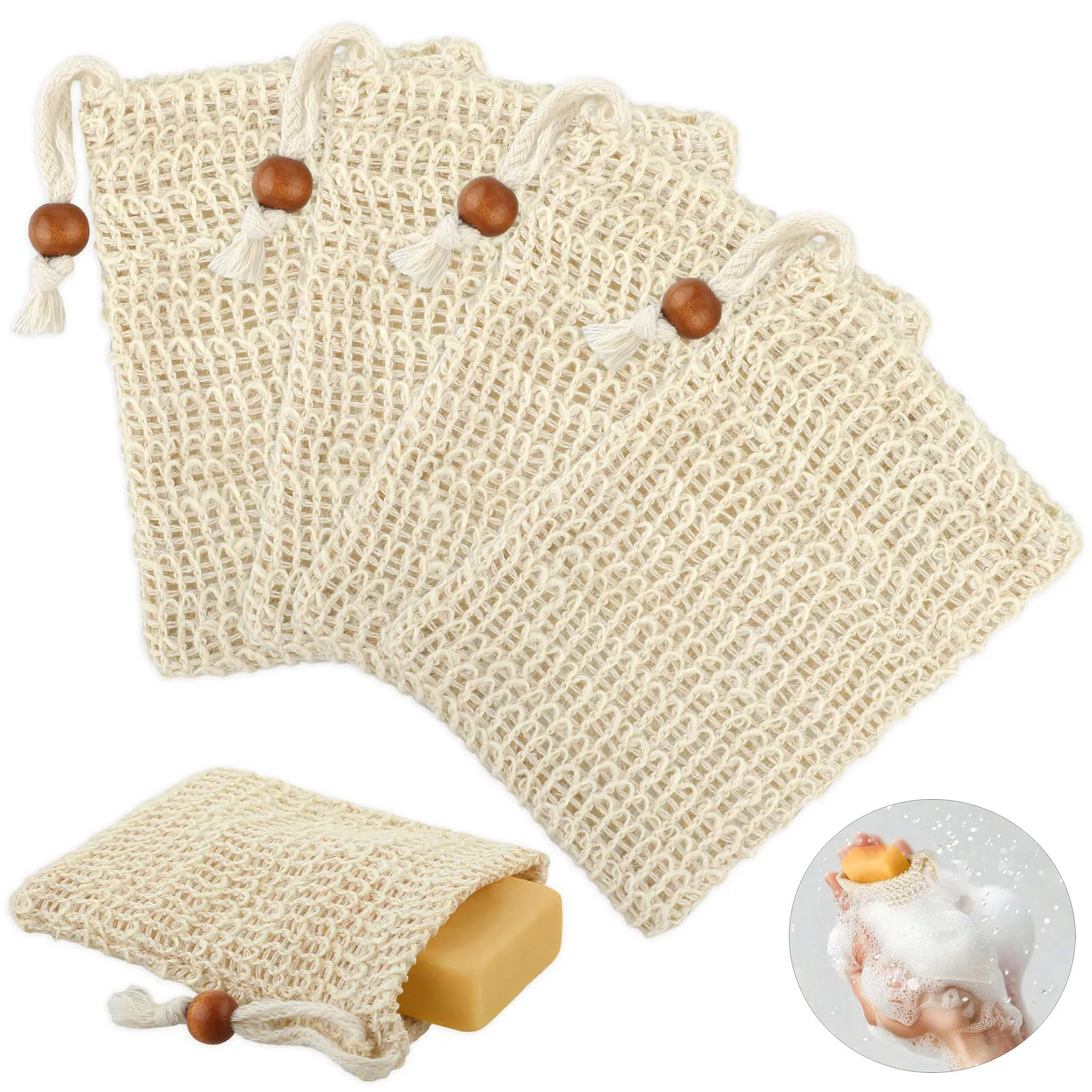 5/10Pcs Natural Cotton Linen Foaming Soap Bags Linen-cotton Exfoliating Soap Saver Bag with Mesh Cleaning Tool