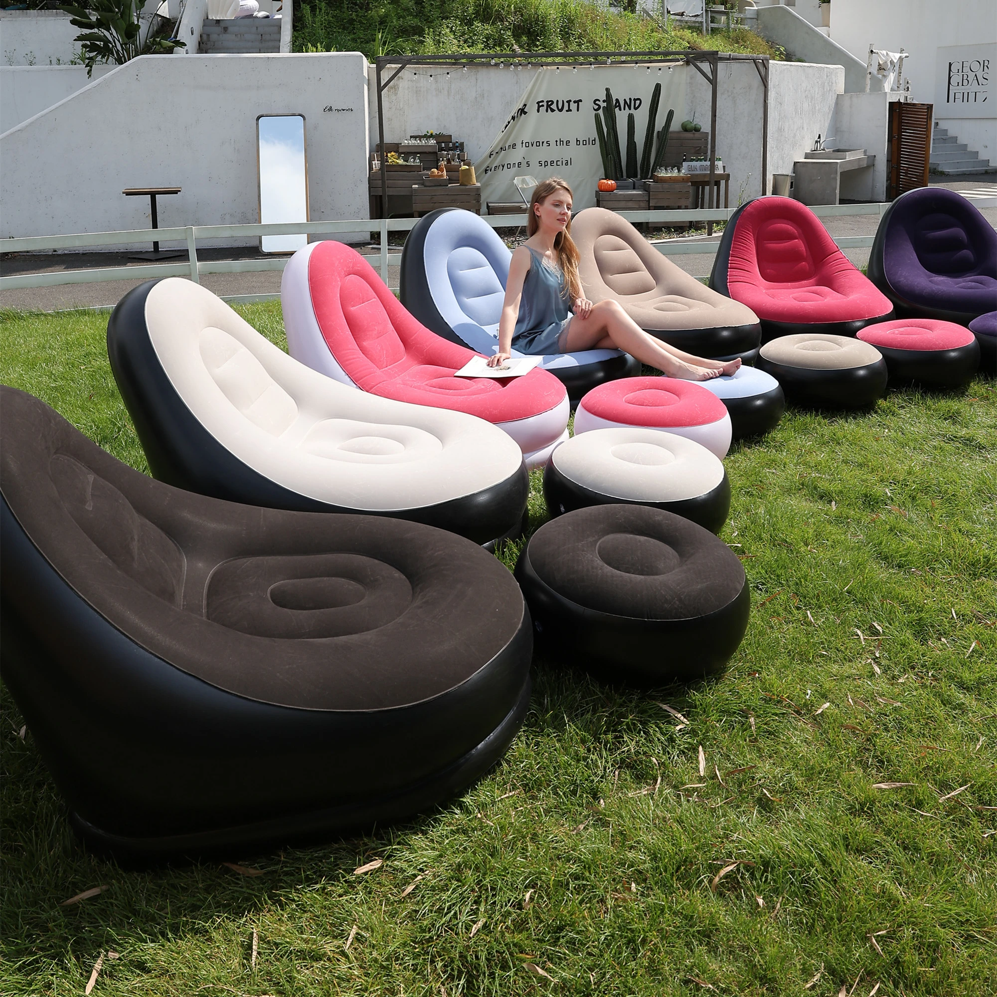 Lazy Couch Sofas Inflatable Chair Foldable Recliner Outdoor Sofa Bed Footstool Portable Folding Air Bed Lunch Lounge Chair Set