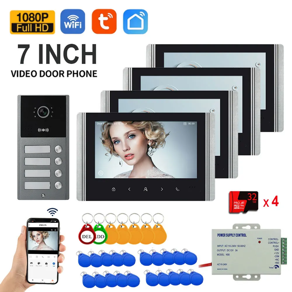 2/3/4 Unit Home Video Intercom for Apartments Residential Intercom Doorbell Wifi Video Door Phone System with RFID Card Unlock