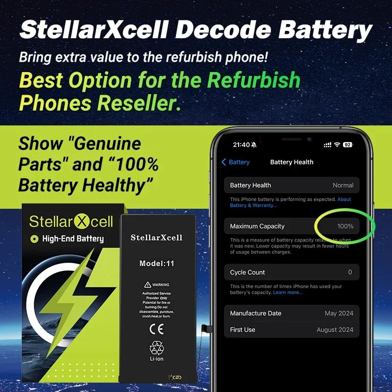 StellarXcell Decode Battery No need spot-weld Show 100% battery healthy for iPhone iPhone 11 12 13 14 15 Pro Max Mini Plus Xs