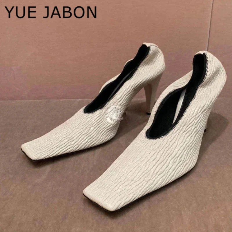 White Luxury Slip On High Heels Women Square Toe Retro Women Pleated Party Dress Shoes Zebra Stripes Fashion Elegant Pump Women