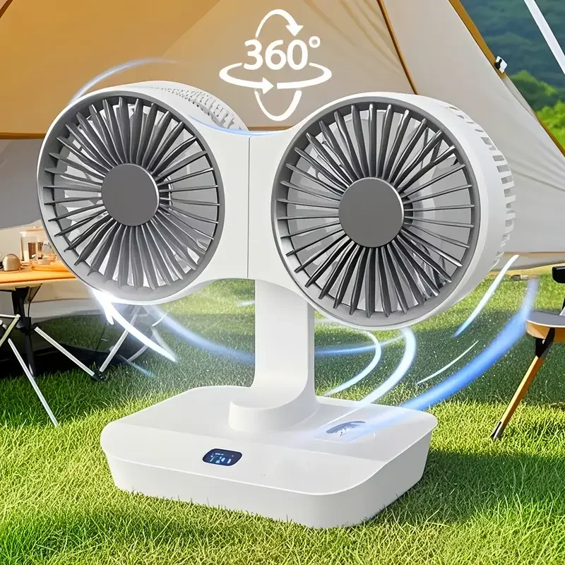 Multi Function Double Head Shaking Fan with 4 Gears Adjustable Speed HD Digital Display Night Lights Portable Cooling Fan