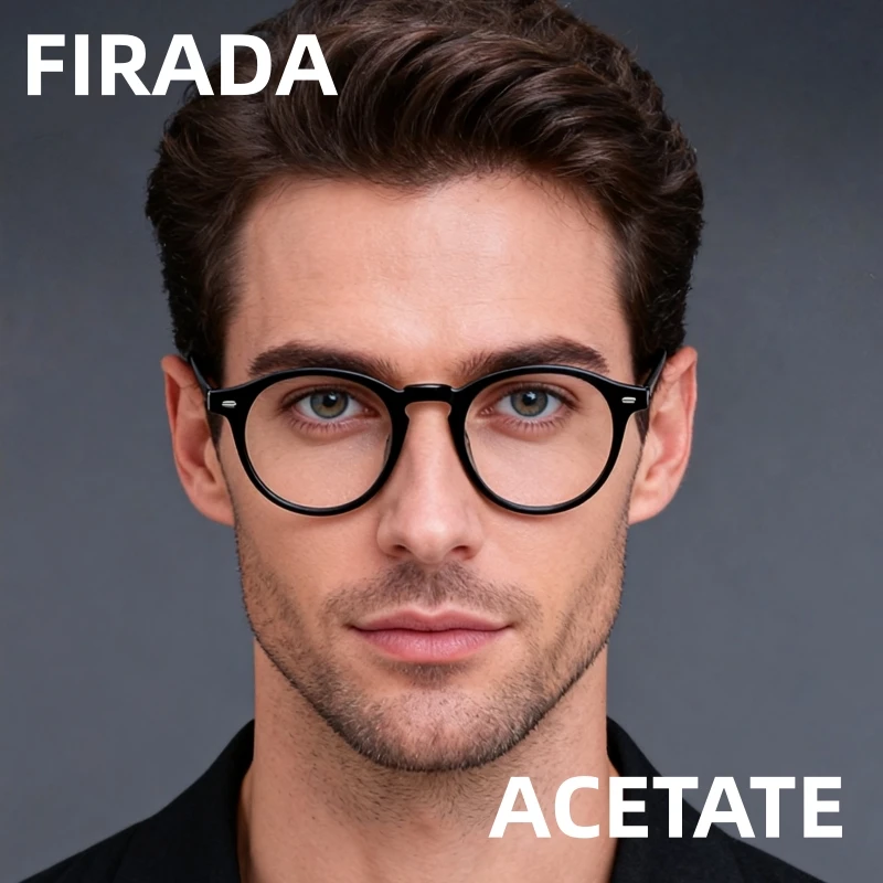 FIRADA New Fashion Eyewear Retro Luxury Acetate Pure Titanium Glasses Round Prescription Eyeglasses Frame For Men Women T23008-C