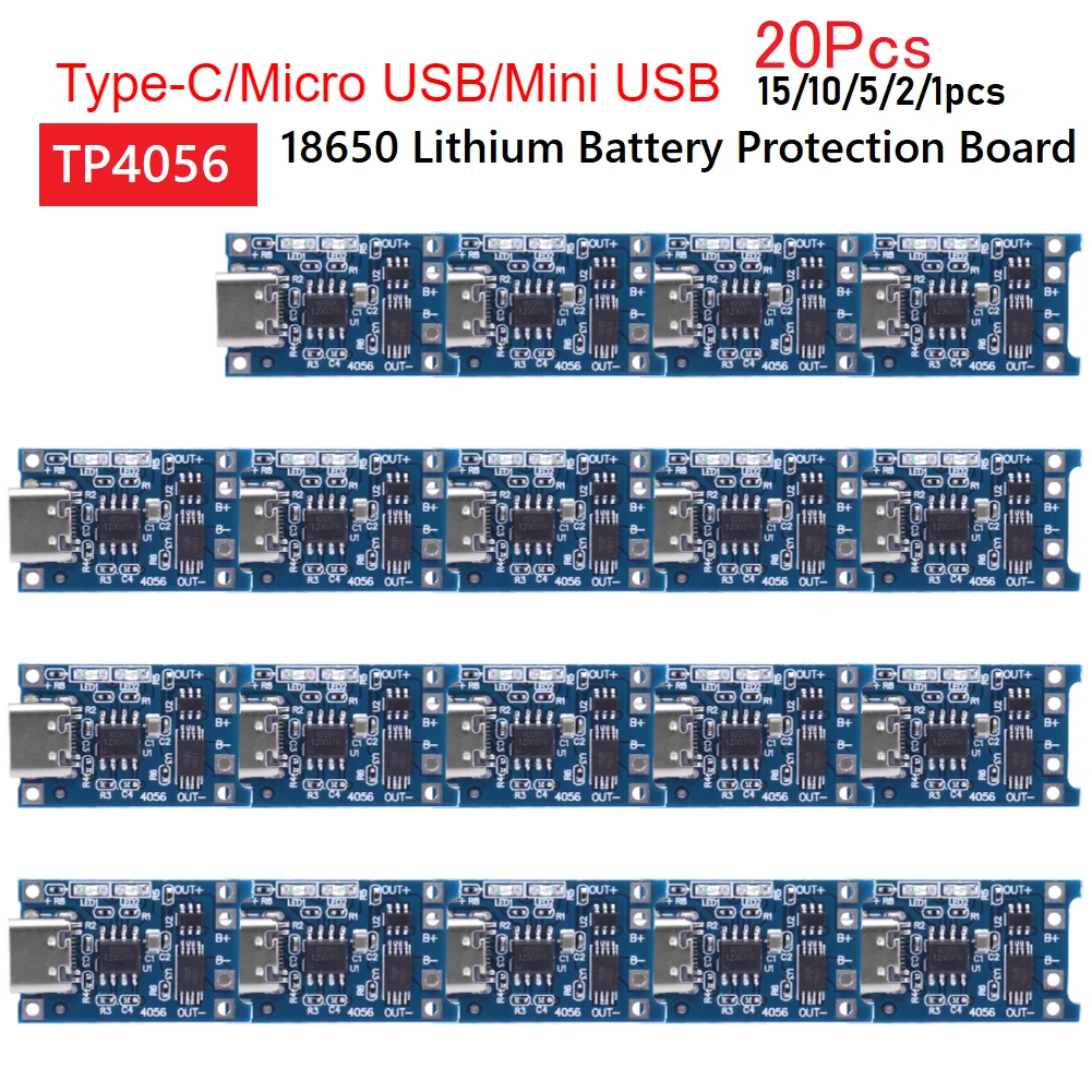 1-20PCS 5V 1A 18650 TP4056 Lithium Battery Charger Module Charging Board With Protection Dual Functions 1A Type-C/Micro/Mini USB