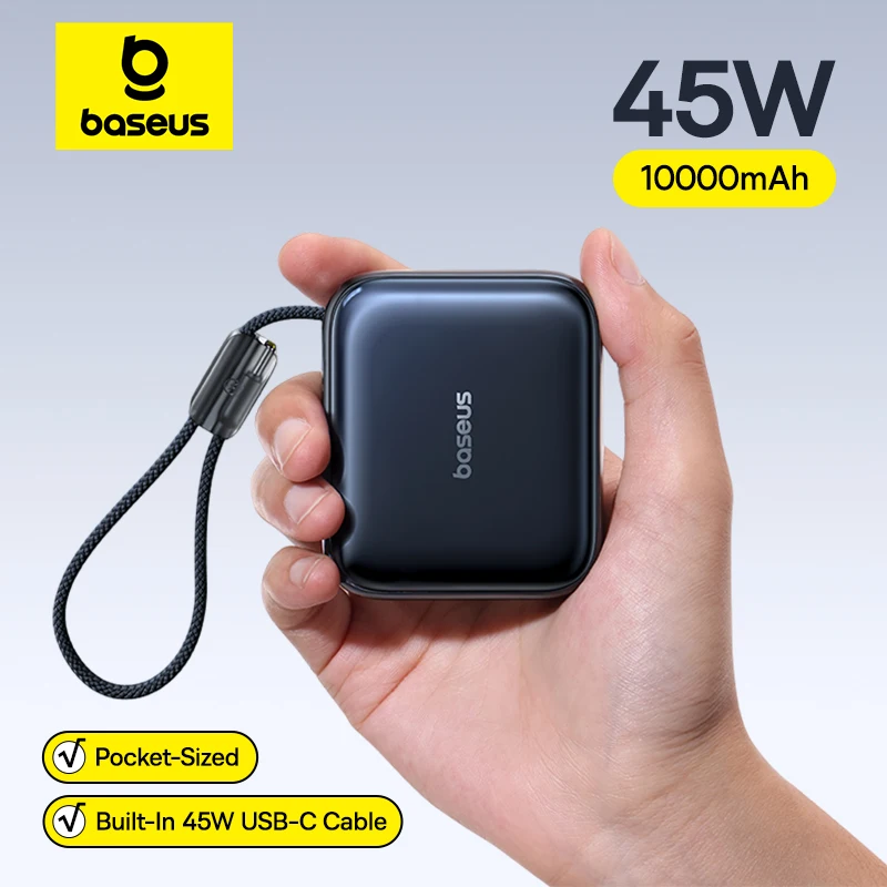 Baseus 45W Mini Power Bank 10000mAh Built-In USB-C Cable Pocket-Sized Smaller Fast Charging Portable For iPhone 17 Samsung S25